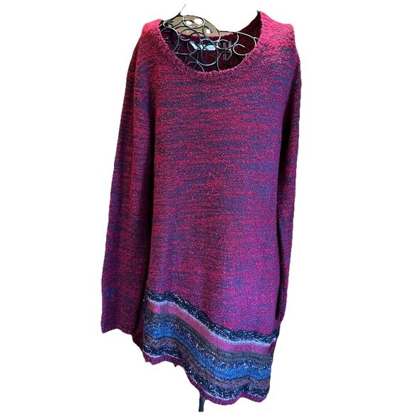 Soft Surroundings Red Navy Gray asymmetrical mixed knit hem sweater size Medium - Picture 2 of 6